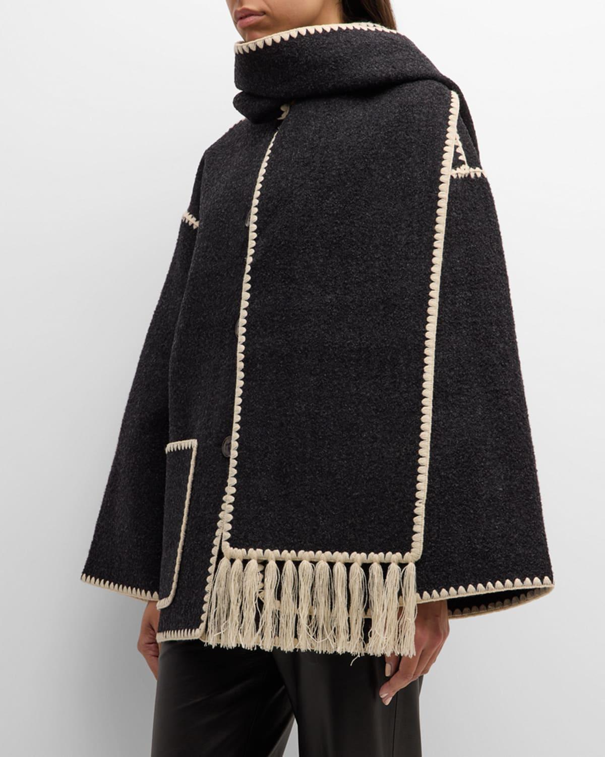 Embroidered Fringe Contrast-Trim Scarf Wool Jacket Product Image