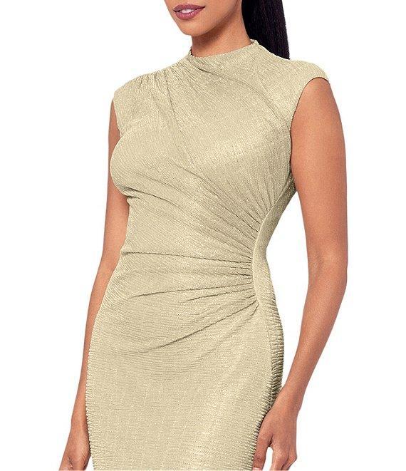 Betsy & Adam Petite Size Mock Neck Ruched Bodice Crinkled Metallic Sleeveless Sheath Gown Product Image