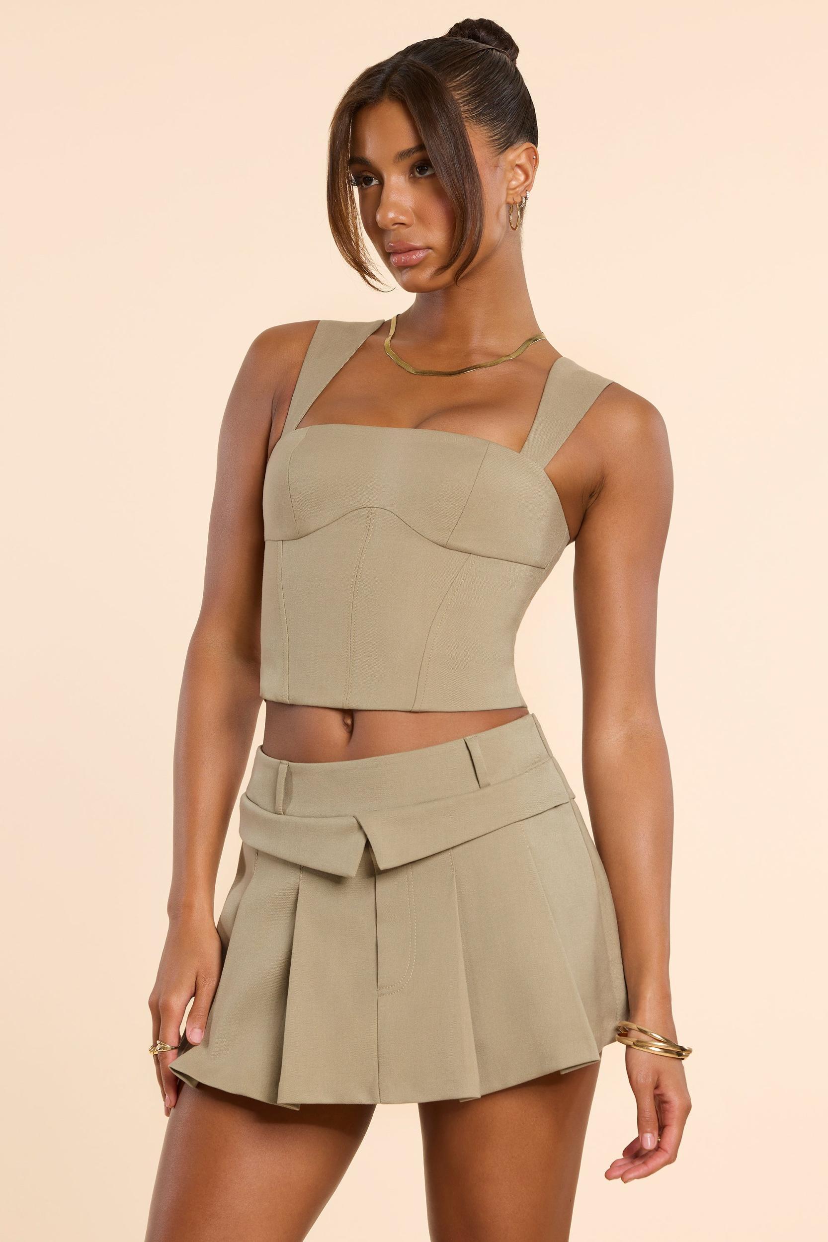 Brushed Twill Square Neck Tailored Top in Taupe Product Image