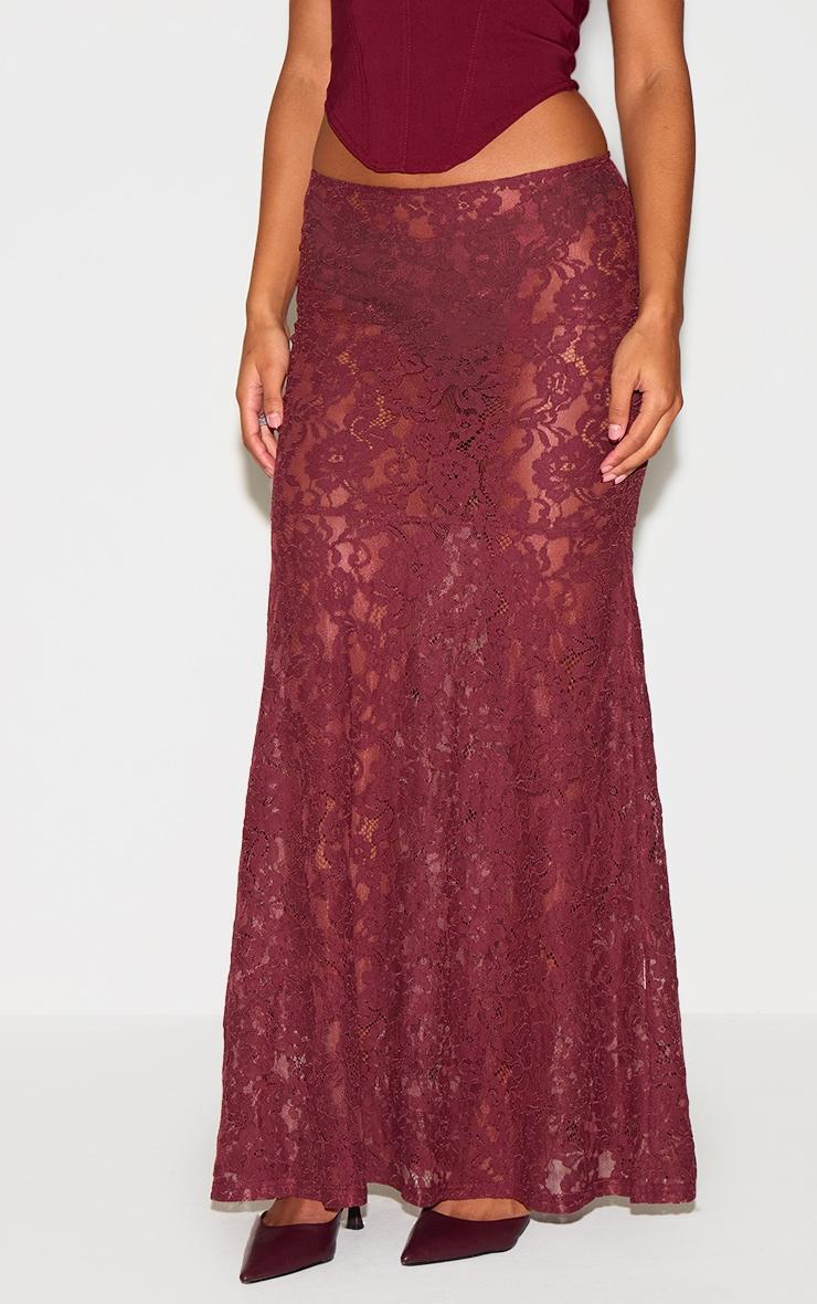 Plum Floral Lace Sheer Maxi Skirt Product Image