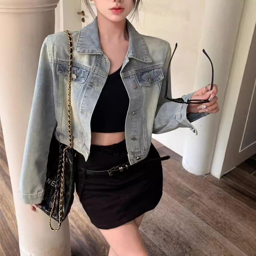 Collar Washed Denim Crop Button Jacket Product Image