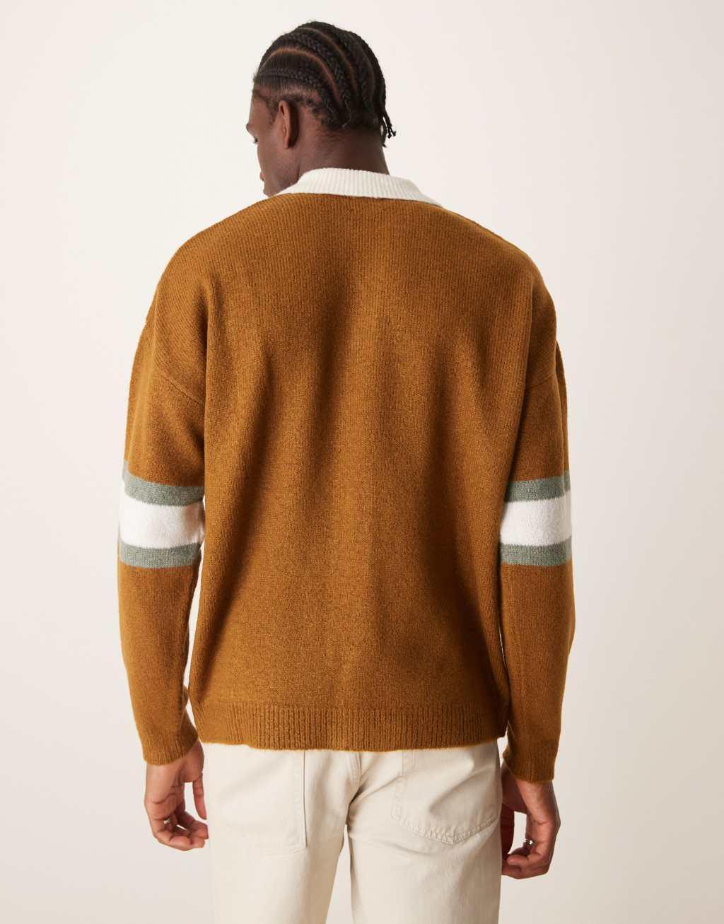 ASOS DESIGN relaxed fluffy knitted rugby polo with sleeve panel in tan Product Image