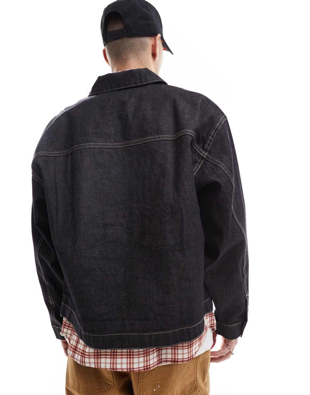 Bershka double pocket denim jacket in dark blue -set Product Image