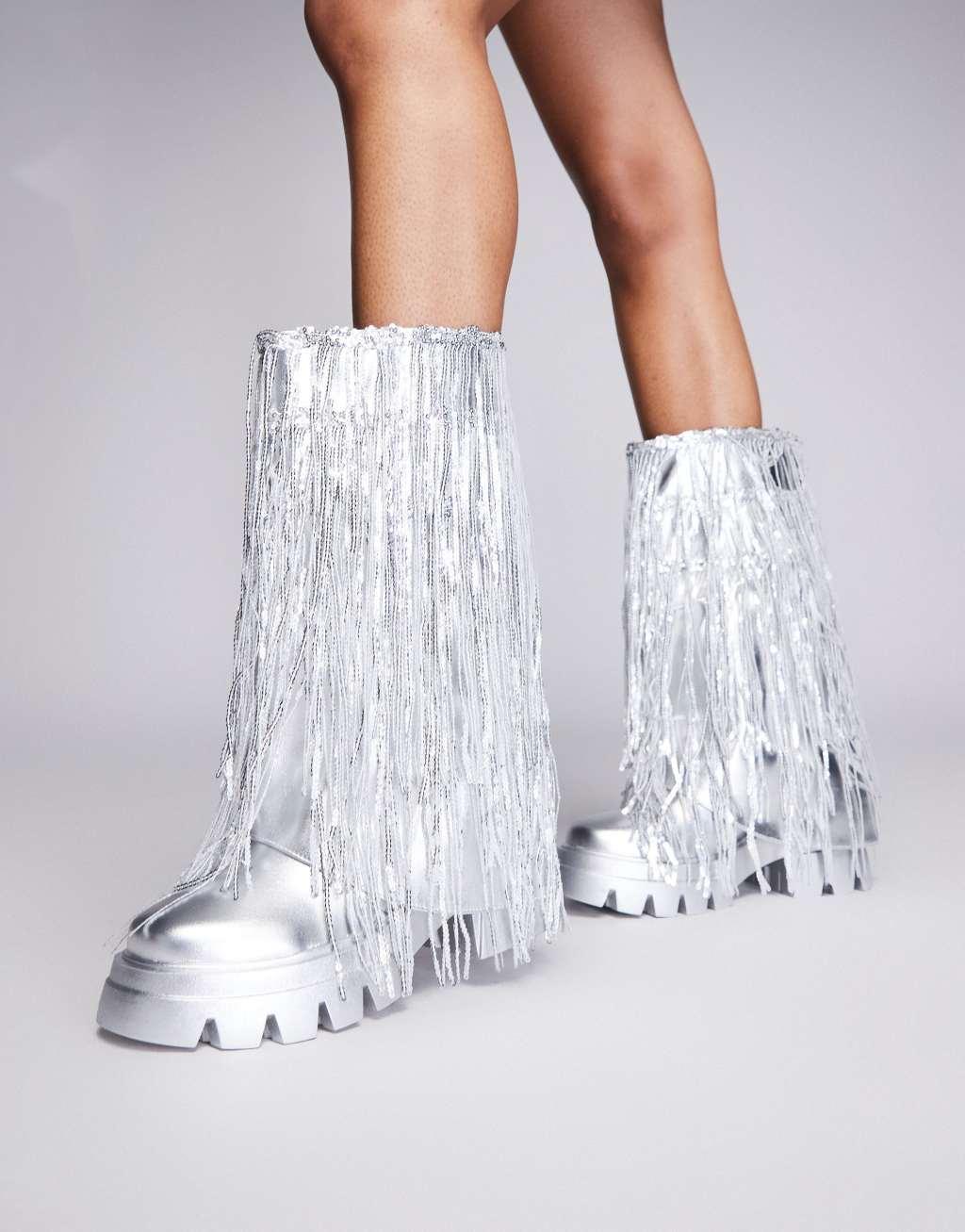 Azalea Wang Cyndra tassel chunky boots in silver Product Image