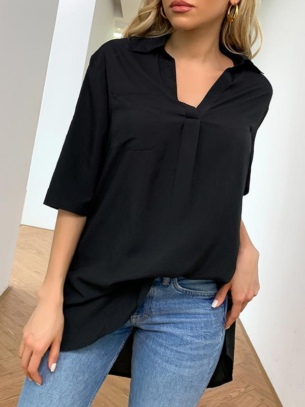 Half Sleeves Loose Pleated Solid Color Split-Joint Split-Side Lapel Blouses&Shirts Tops Product Image