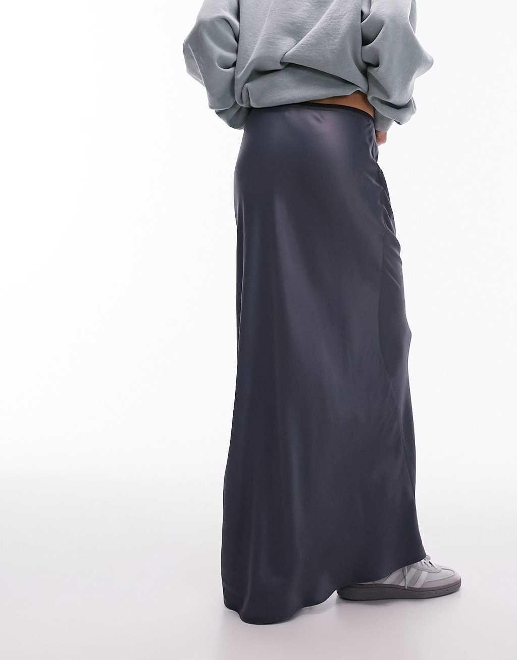 Topshop satin maxi bias skirt with elastic trim in charcoal - part of a set  Product Image