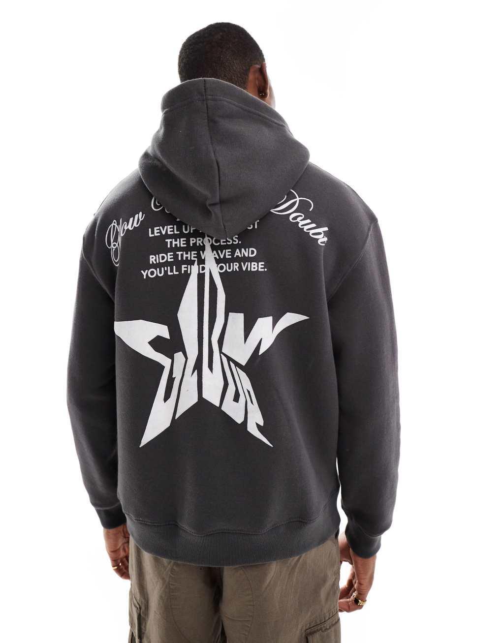 Bershka star back graphic hoodie in charcoal  Product Image