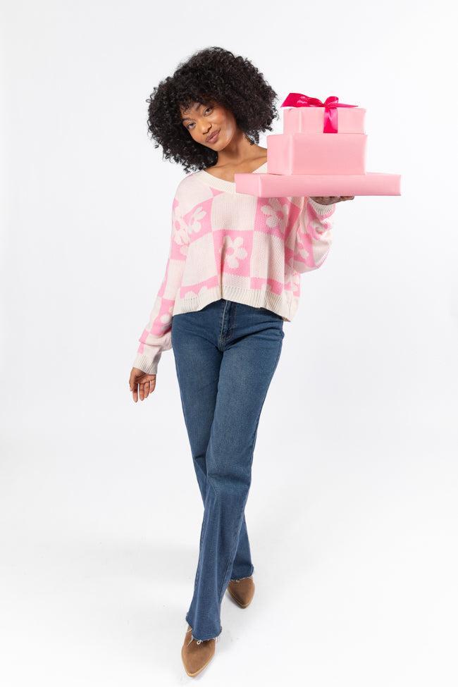 Found A New Way Pink V-Neck Checkered Flower Sweater SALE Product Image