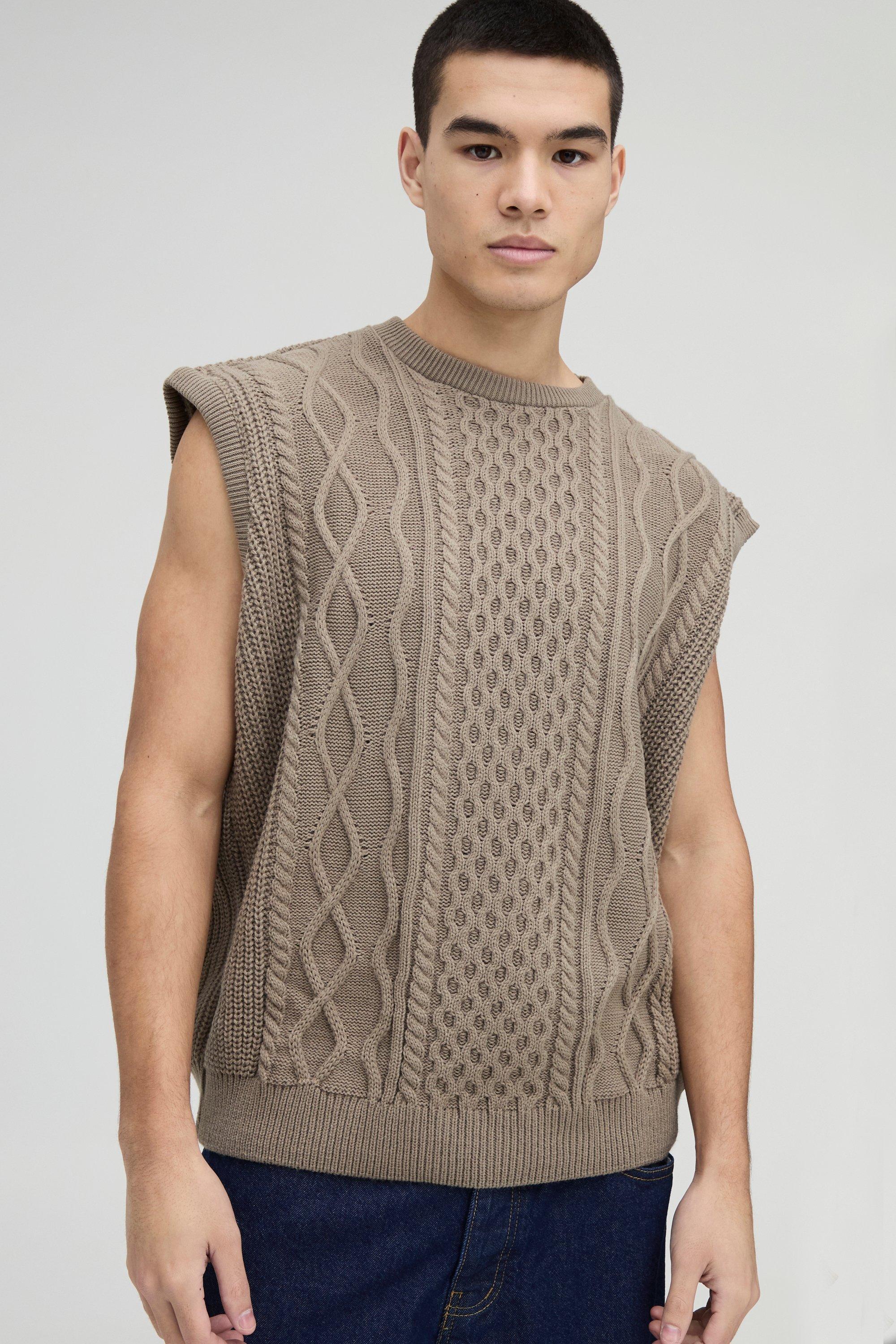 Oversized Crew Neck Cable Knitted Vest | boohooMAN USA Product Image