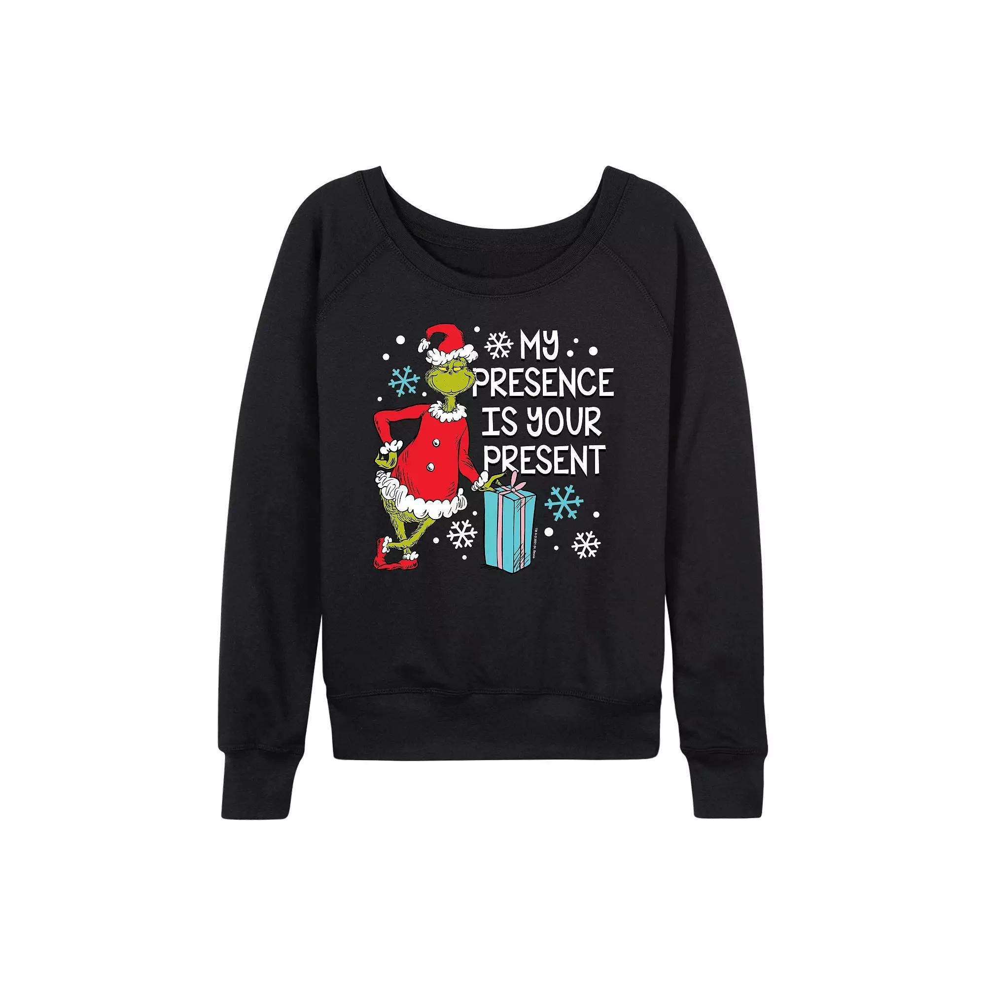 Women's Dr. Seuss Grinch My Presence French Terry Long Sleeve Tee, Size: Large, Black Product Image