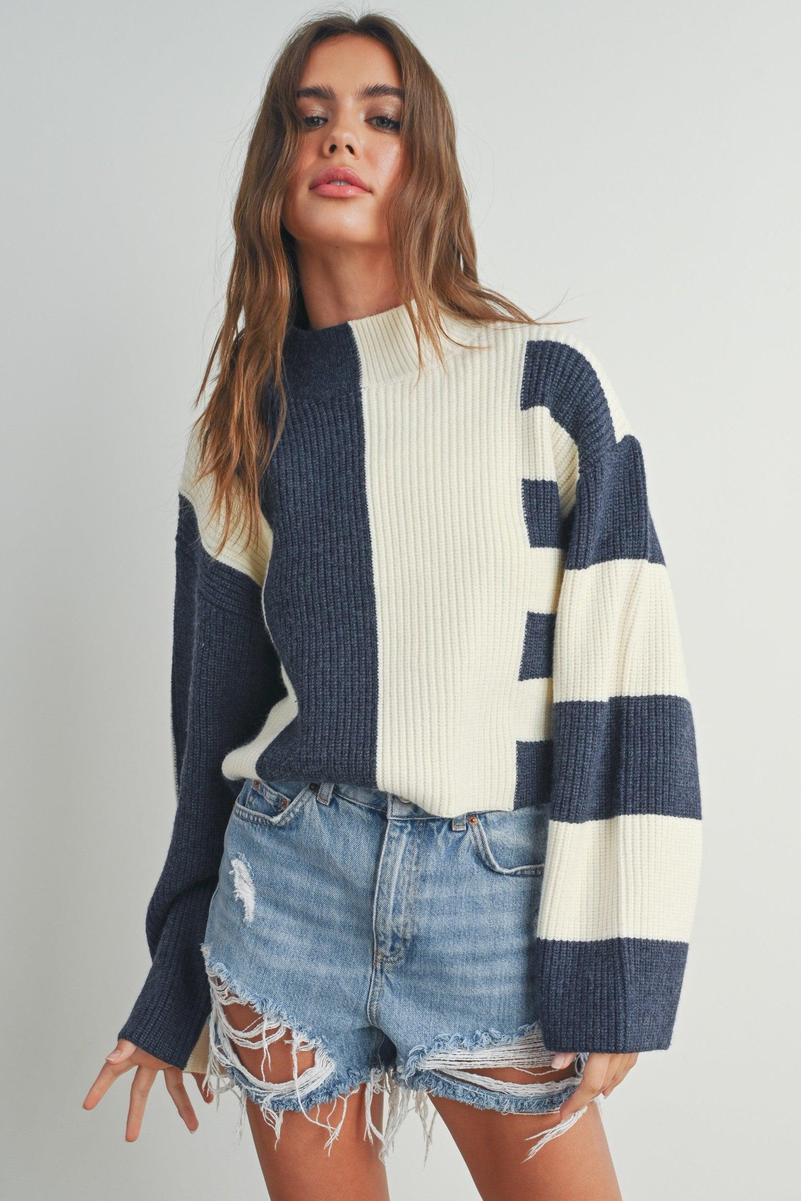 Color Block Mock Neck Sweater Product Image