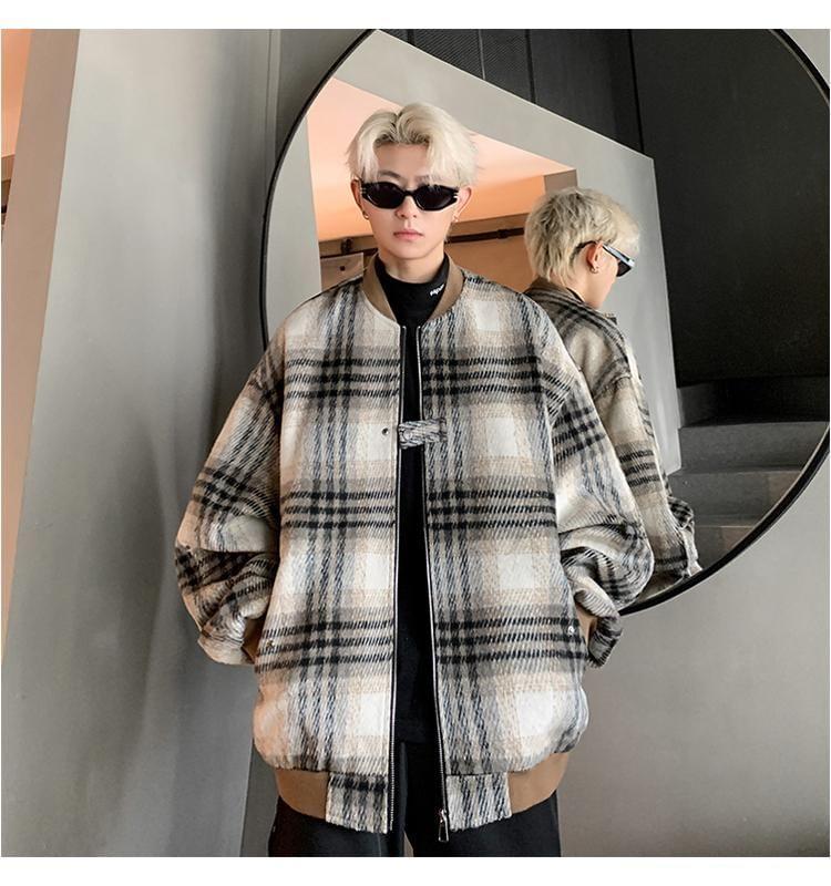 Drop-Shoulder Plaid Zip Jacket Product Image