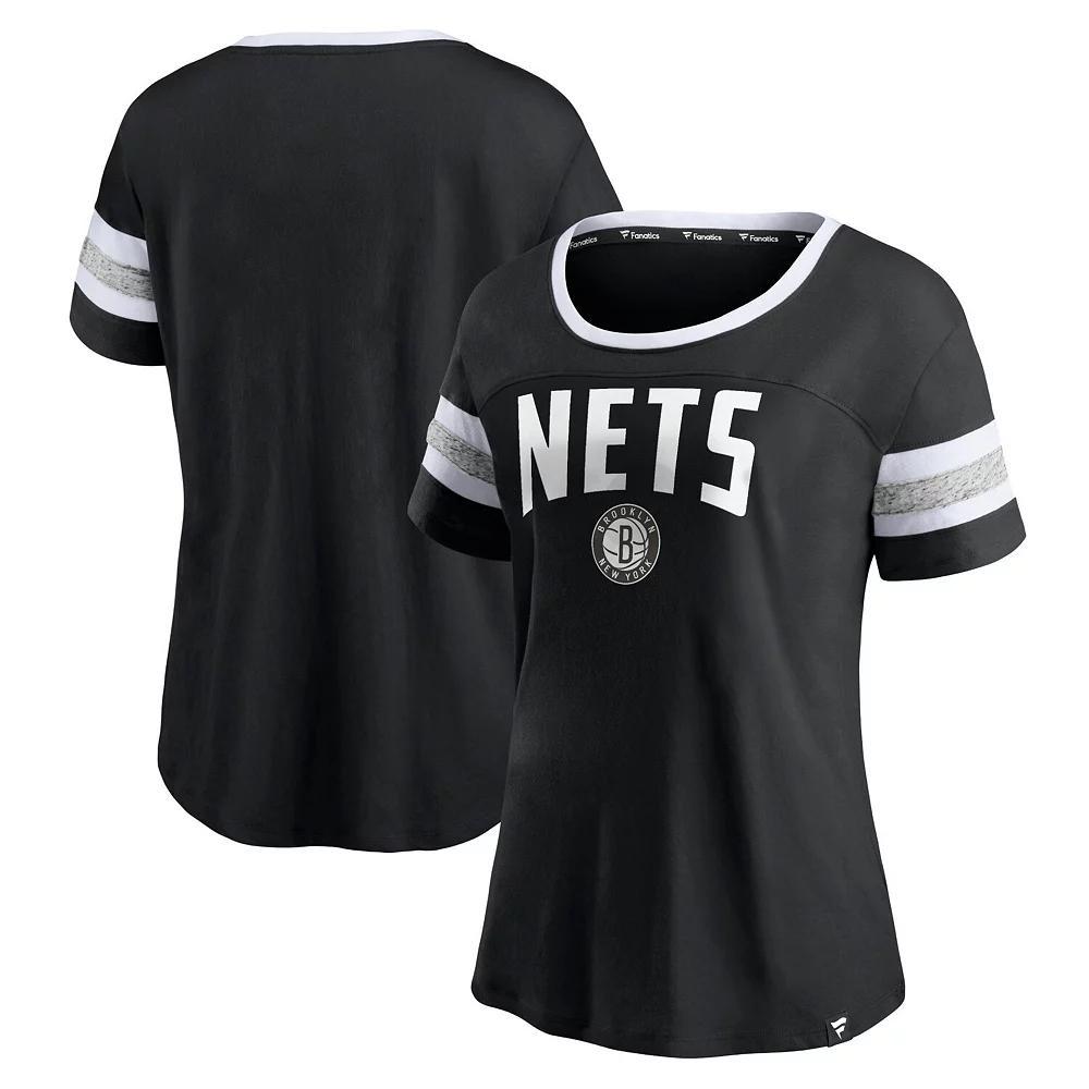 Women's Fanatics Branded Black/Heathered Gray Brooklyn Nets Block Party Striped Sleeve T-Shirt, Size: Large Product Image