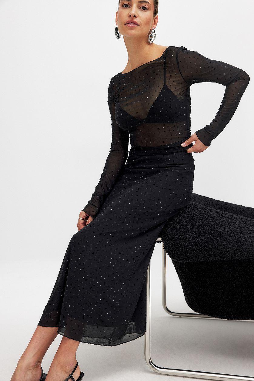 Rhinestone Mesh Midi Skirt Product Image