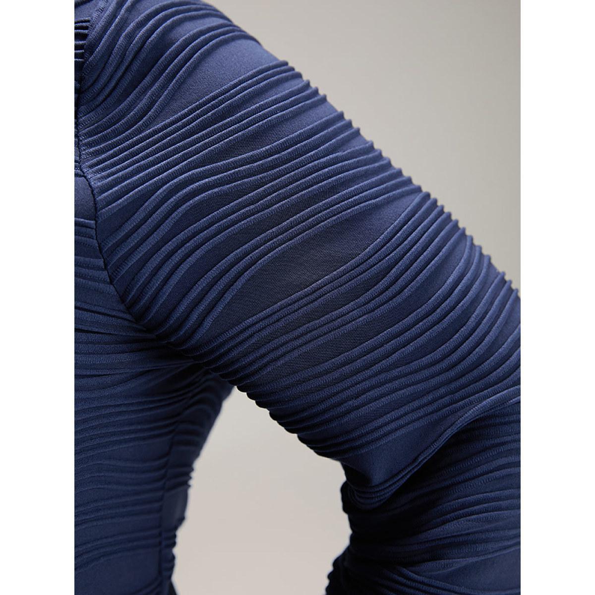 Plus Size Rib Knit Plain Belted Crew Neck Dress Indigo Women At the Office Texture Round Neck Long Sleeve Curvy Midi Dress BloomChic 10/M Product Image