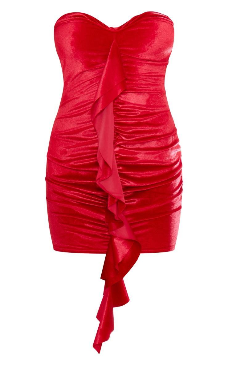 Red Velvet Ruched Front Drape Detail Bodycon Dress Product Image