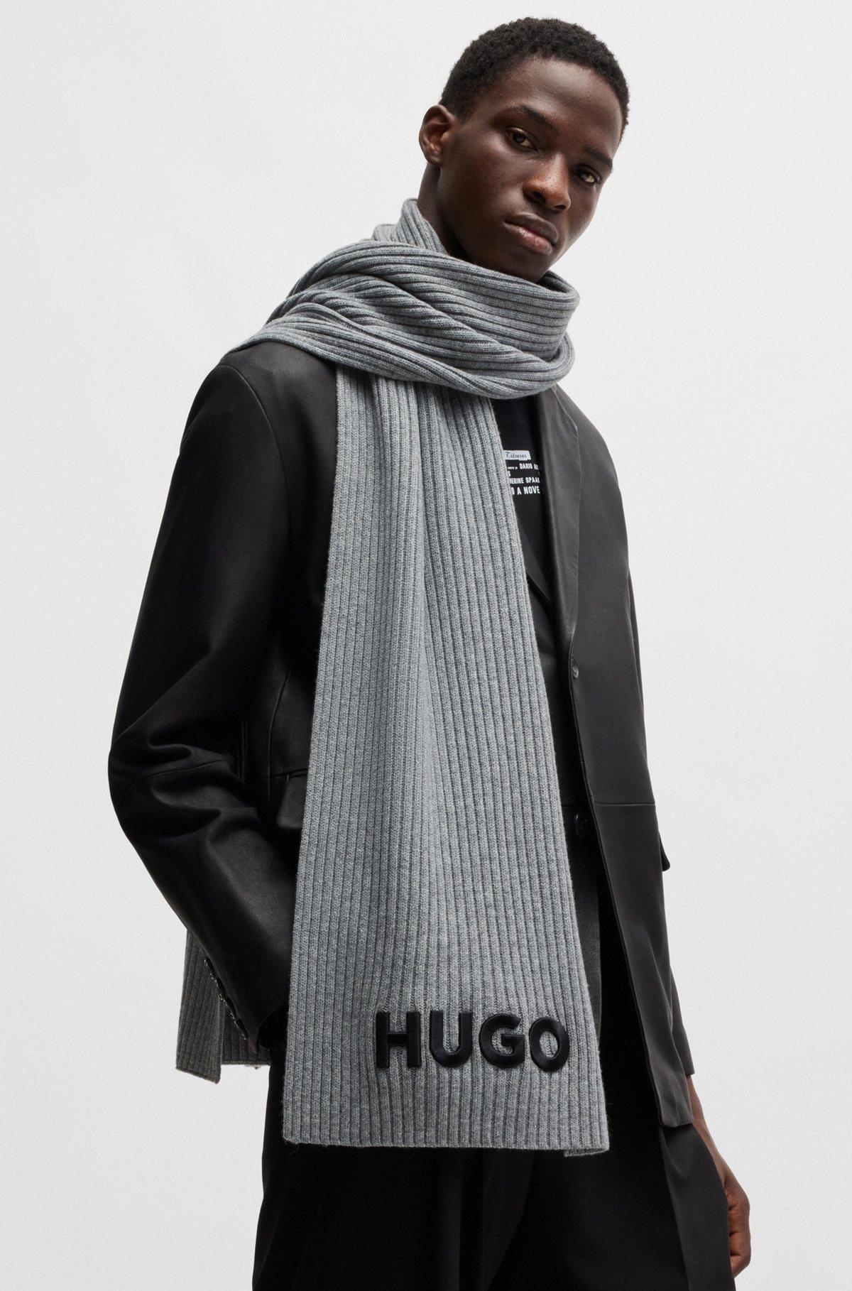 HUGO - Ribbed scarf in wool with embroidered logo - Grey Product Image