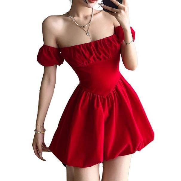 Short-Sleeve Off Shoulder Plain Mini A-Line Dress Product Image