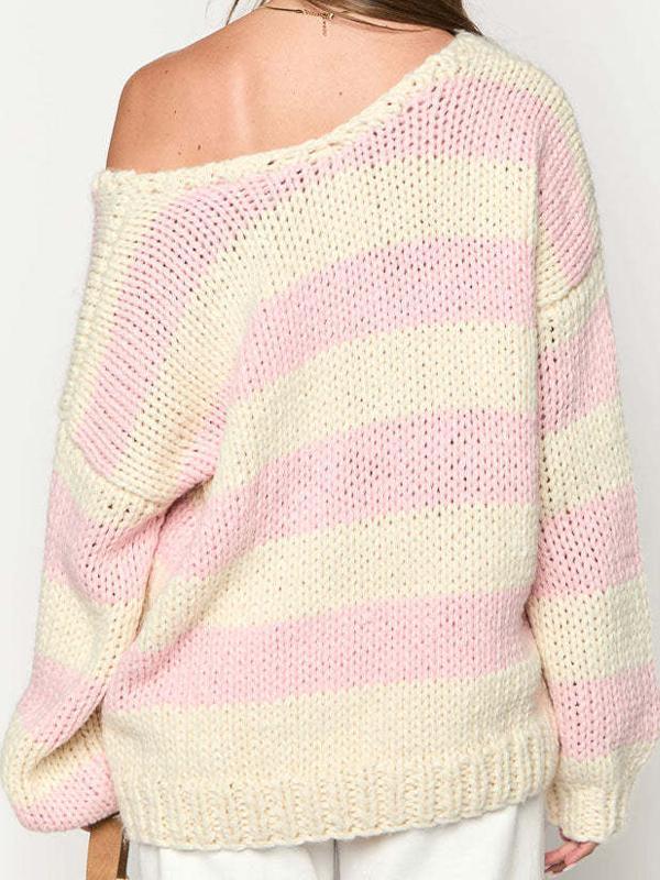 Off The Shoulder Striped Print Oversized Sweaters Product Image