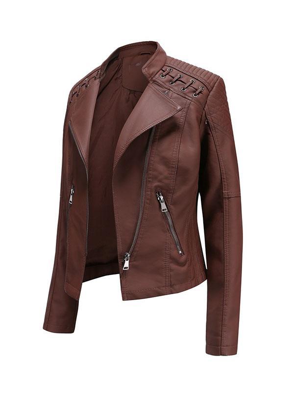 Long Sleeves Split-Joint Zipper Mock Neck PU Jackets Outerwear Product Image