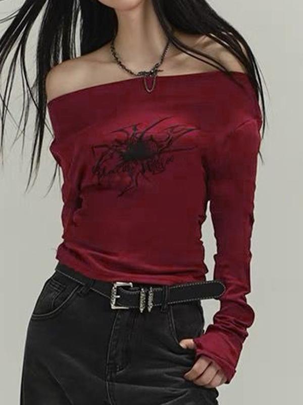 Off Shoulder Graphic Print Slim Long Sleeve Tee Product Image