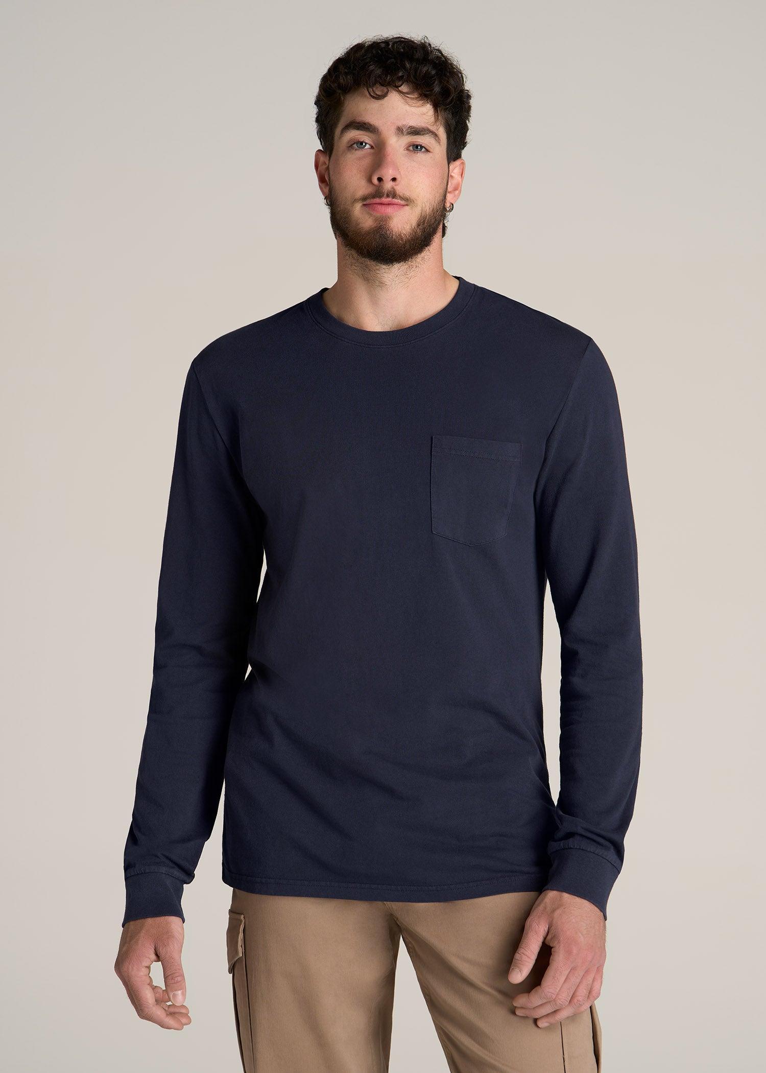 Garment Dyed Long Sleeve Pocket Tee for Tall Men in Evening Blue Male Product Image