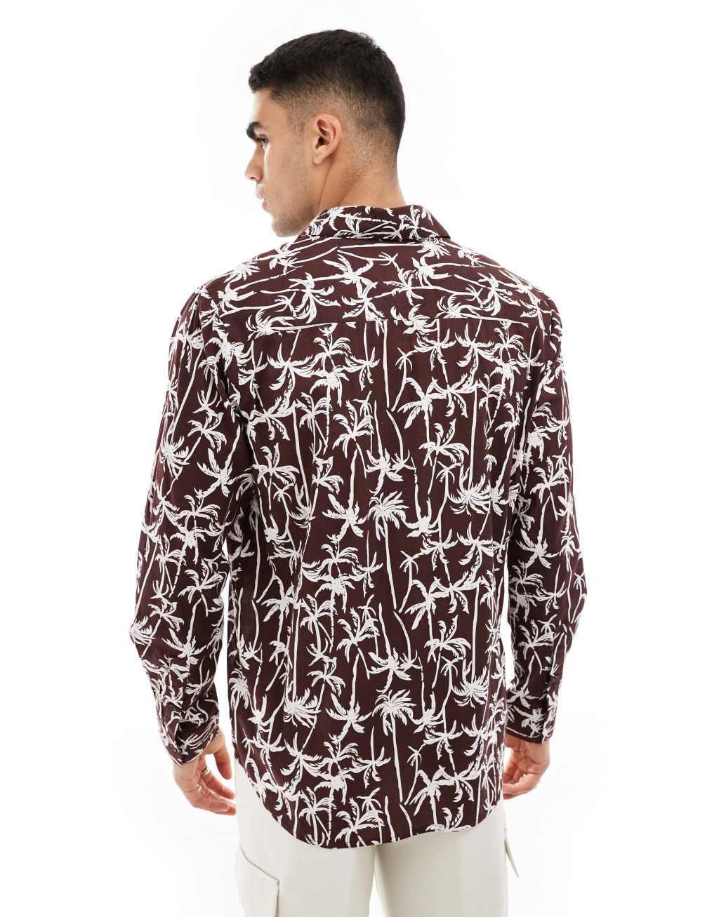 South Beach long sleeve linen look beach shirt in brown Product Image