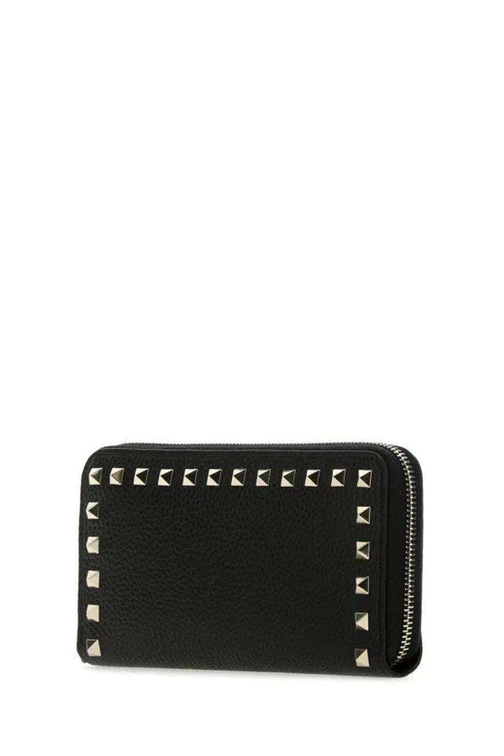 VALENTINO GARAVANI Leather Wallet With Textured Finish And Studded Detail In Black Product Image