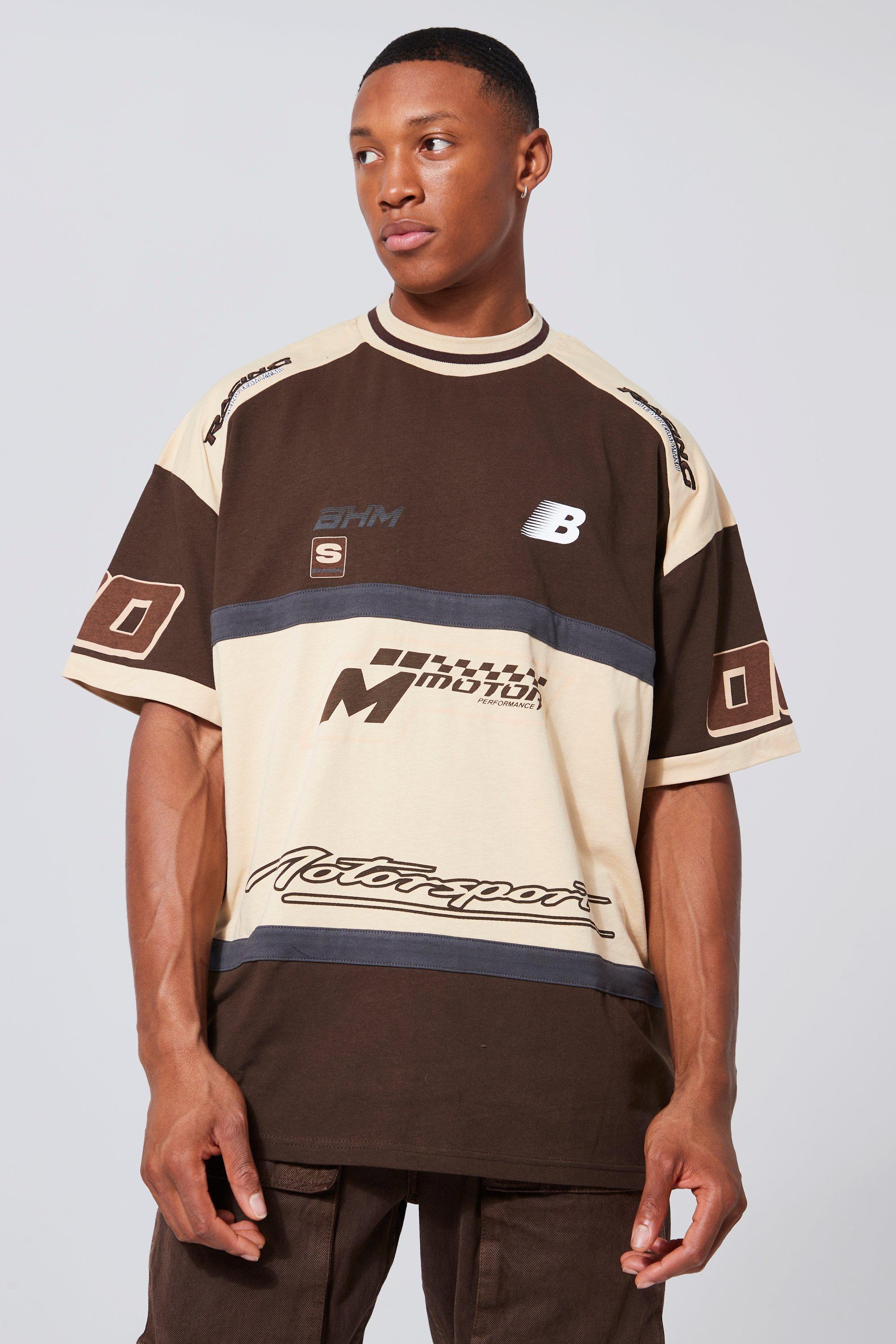 Mens Oversized Panelled Motor Sport T-shirt - Brown Product Image