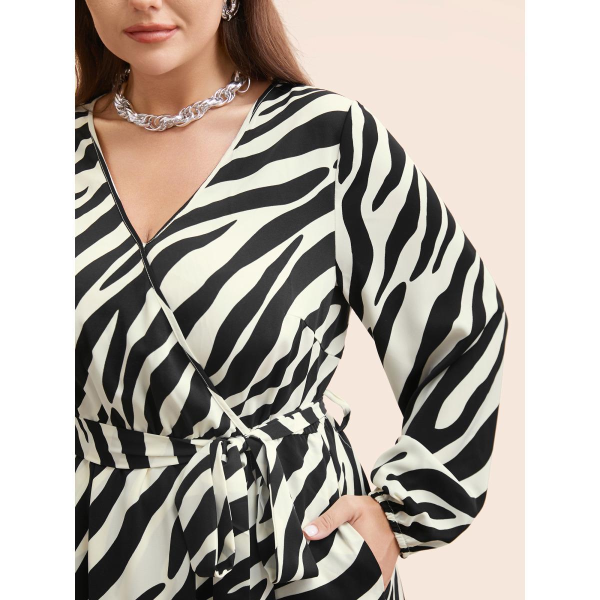 Plus Size Zebra Print Overlap Collar Split Hem Dress Black Women At the Office Belted Overlap Collar Long Sleeve Curvy BloomChic 28/5X Product Image