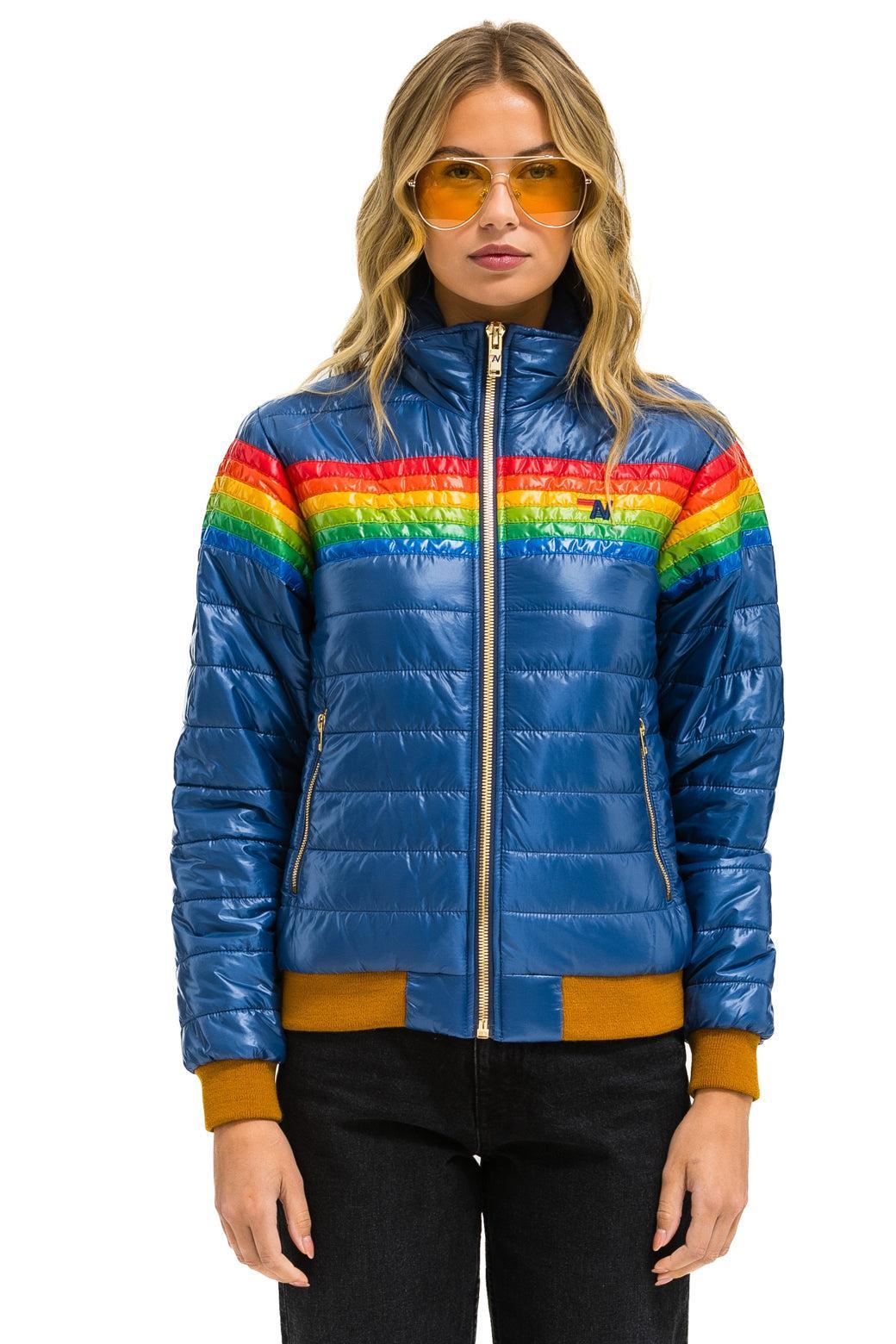 6 STRIPE RAINBOW SLEEVE JACKET -  GLOSSY DEEP BLUE Female Product Image