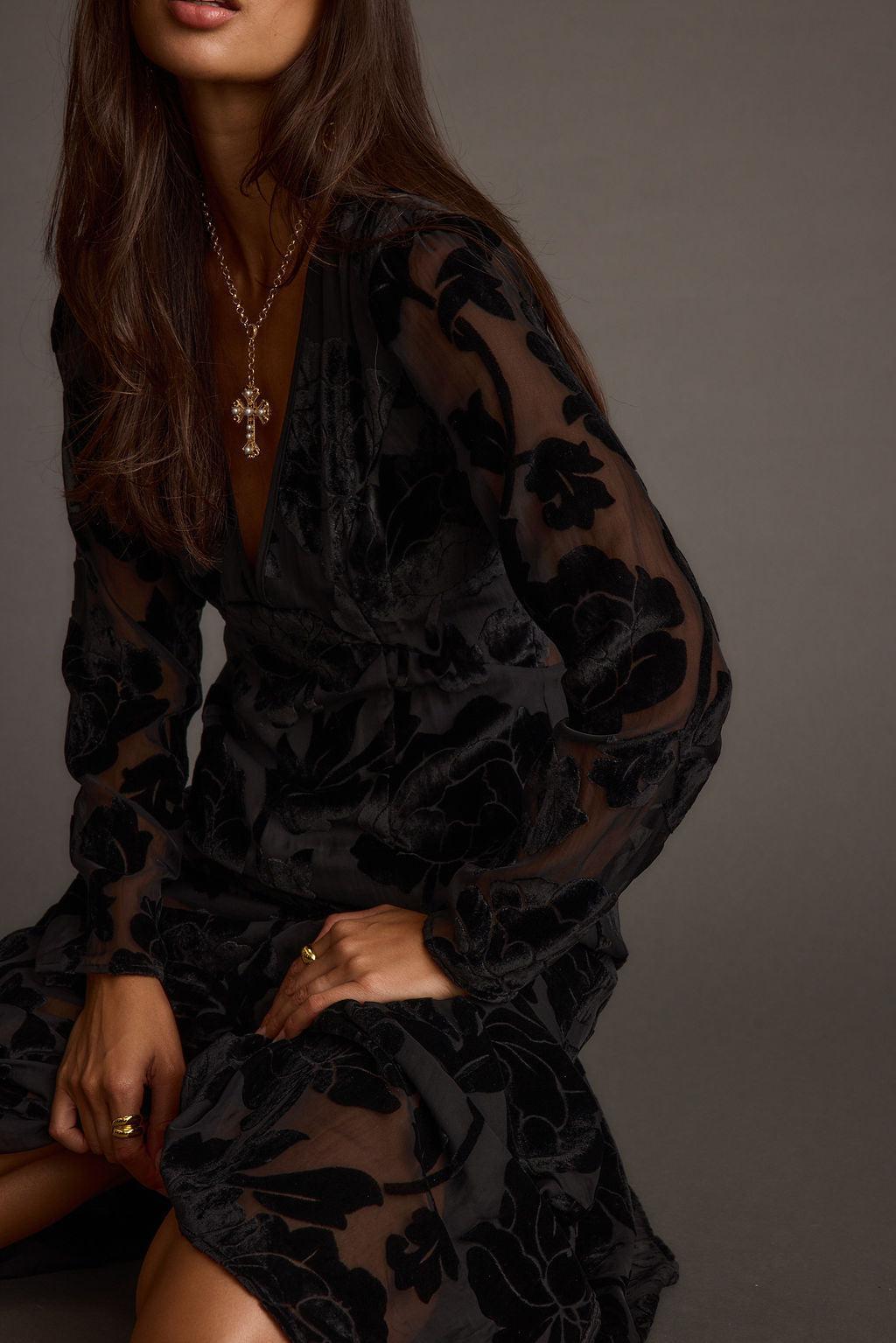 Angela Black Velvet Burnout Long Sleeve Maxi Dress Product Image