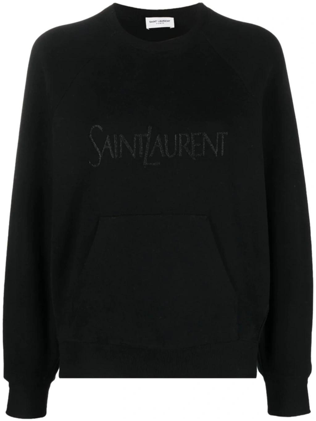 SAINT LAURENT Embroidered Logo Crew-neck Sweatshirt In Noir Brillant Product Image