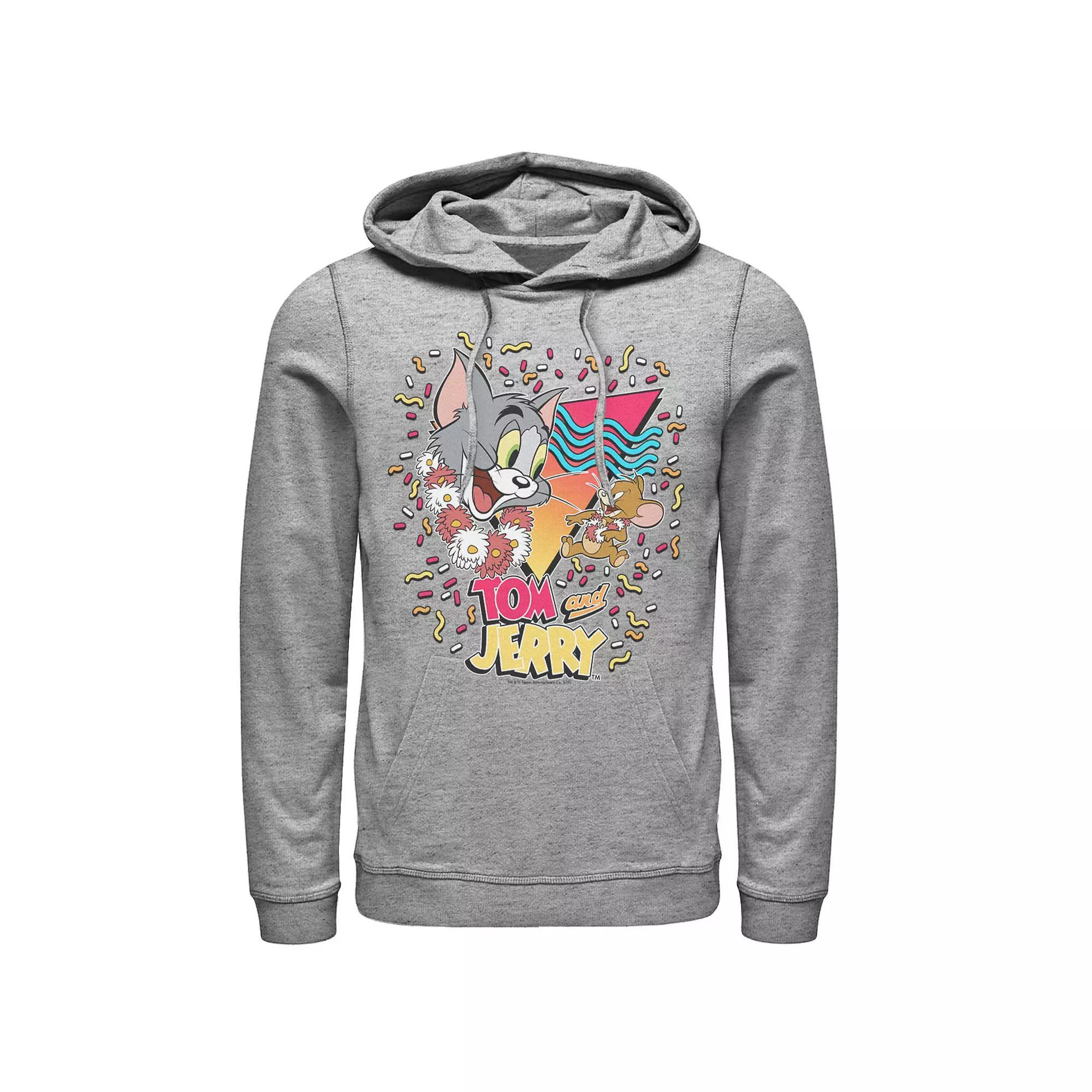 Men's Tom And Jerry 90's Confetti Portrait Logo Hoodie, Size: Small, Athletic Grey Product Image