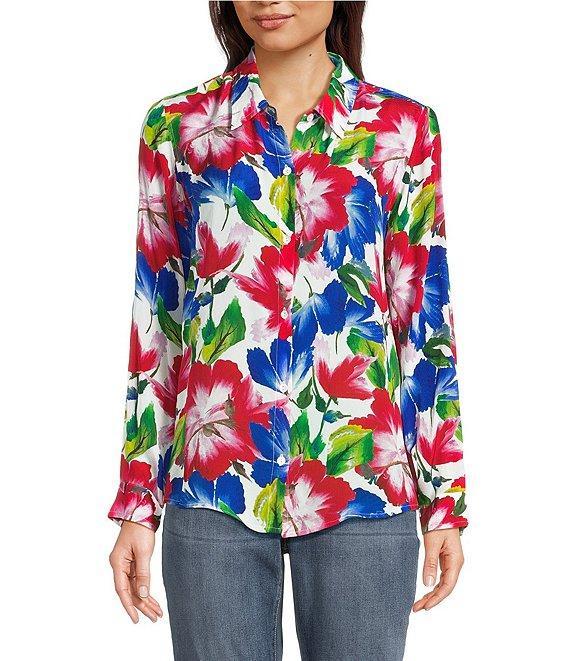 APNY Woven Floral Print Point Collar Long Roll Tab Sleeve Shirt Product Image