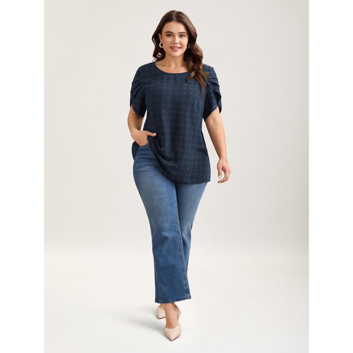 Plus Size DarkGreen Textured Color Contrast Petal Sleeve Blouse Women Timeless Short sleeve Round Neck Elegant Blouses BloomChic 14-16/1X Product Image