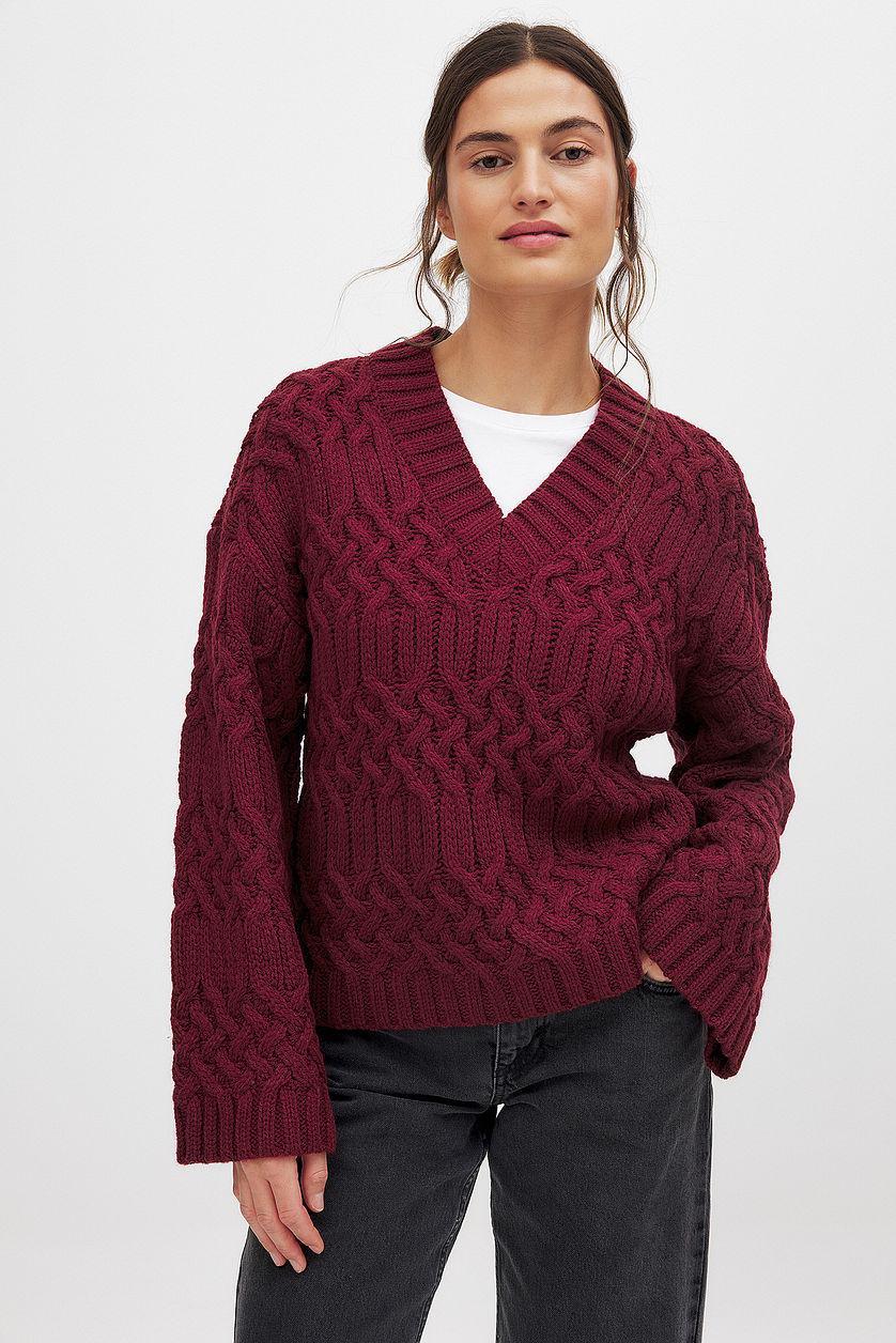 Cable Knitted V-Neck Sweater Product Image
