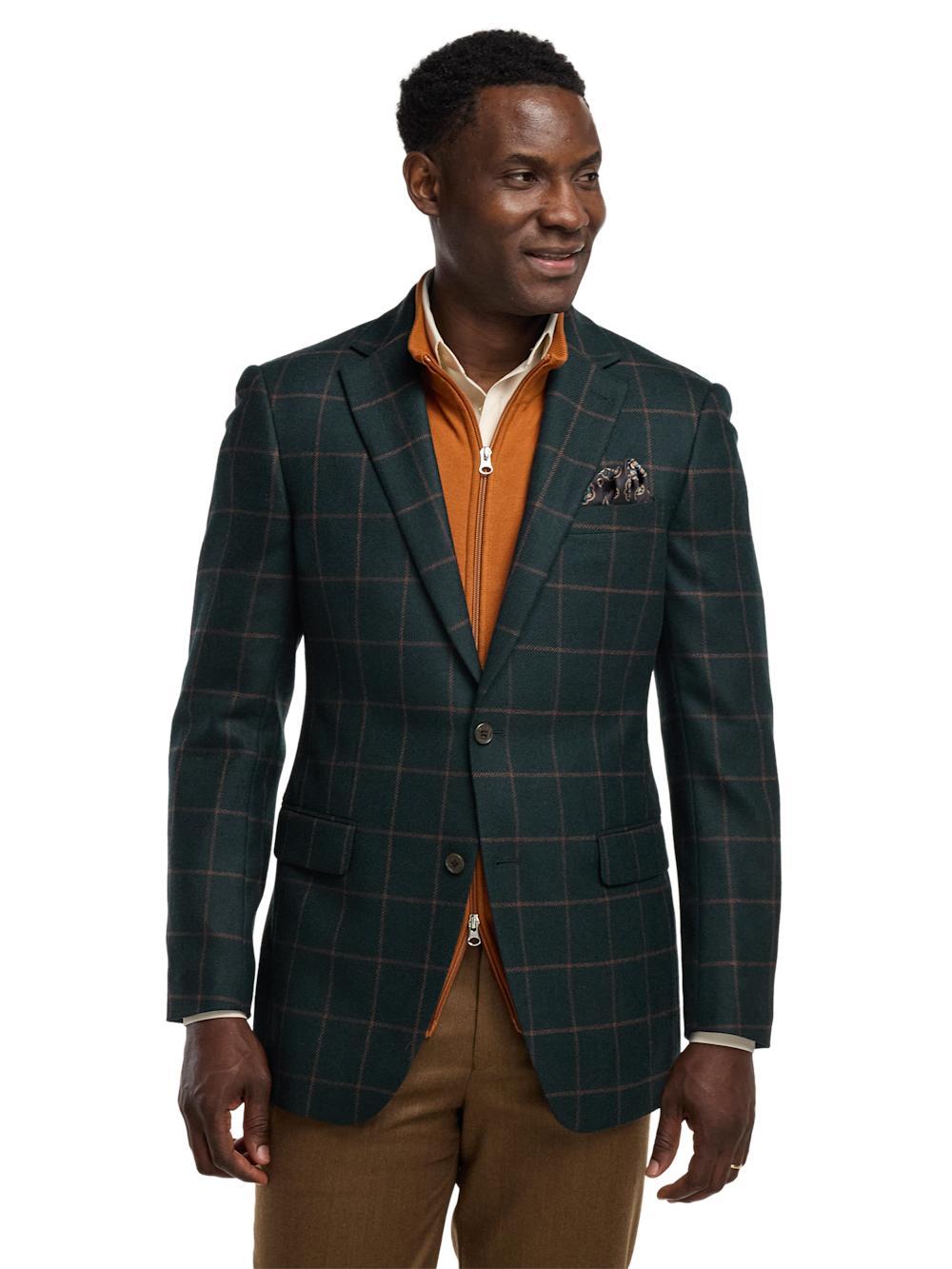 Wool Blend Windowpane Single Breasted Notch Lapel Sport Coat - Dark Green Product Image
