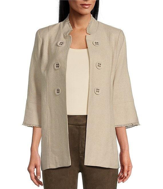 Multiples Linen-Blend Stand Collar 3/4 Flounce Sleeve Open Front Jacket Product Image