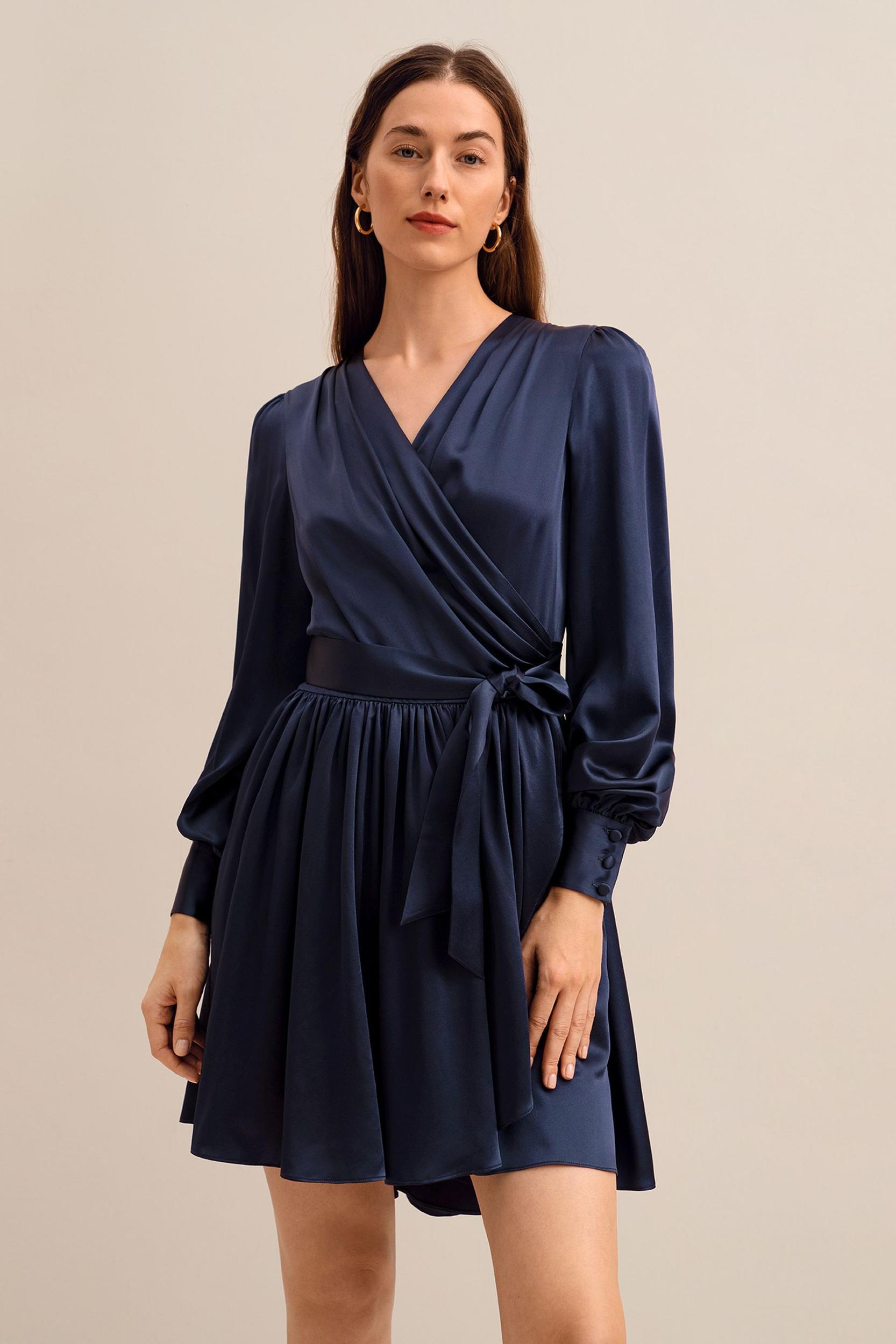 LILYSILK Long Sleeve Silk Dress for Women Navy Blue Pure Silk Glossy Puff Sleeves Skin-Friendly and Breathable S Product Image