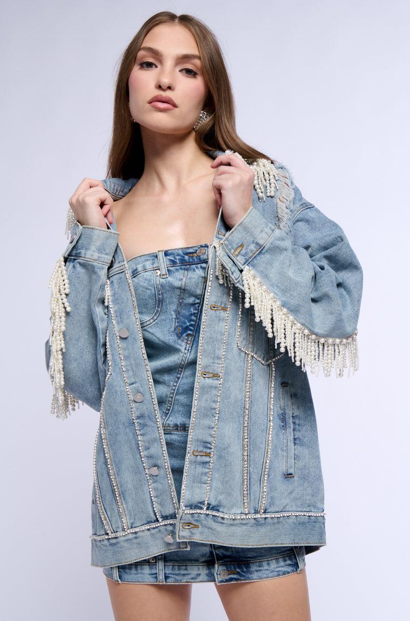 SHOW STOPPER PEARL EMBELLISHED DENIM JACKET Product Image