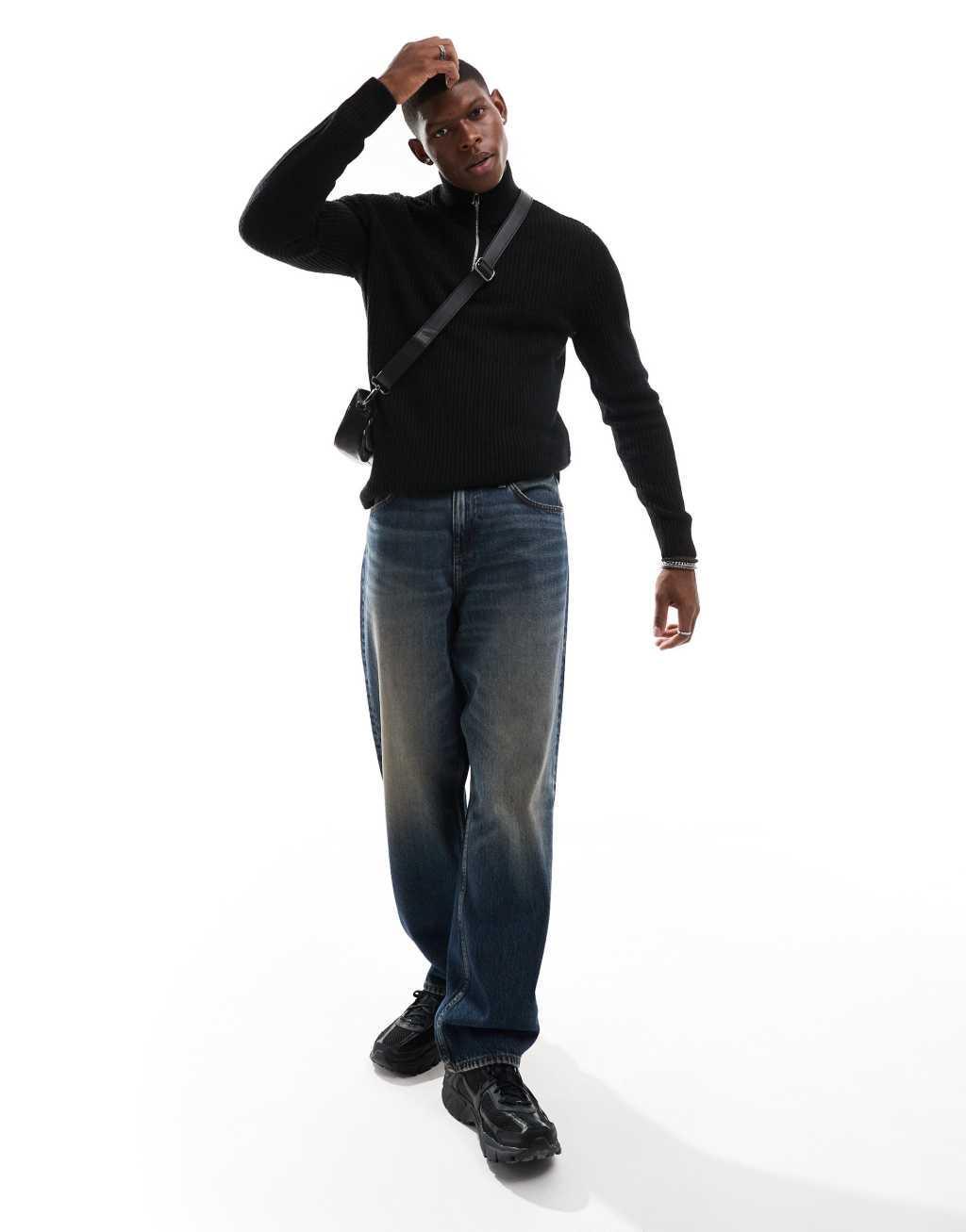 JJ Rebel ribbed half zip knit in black Product Image