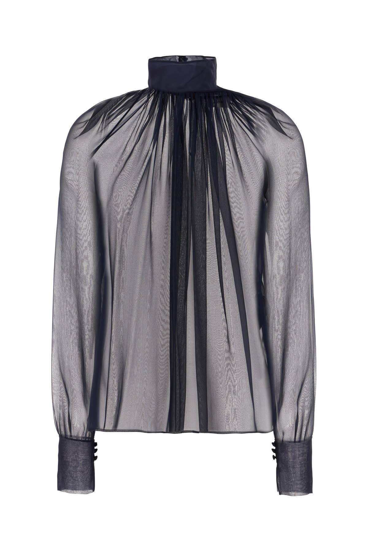 SAINT LAURENT Sheer Ruched Hig-neck Blouse In Midnight Blue Product Image