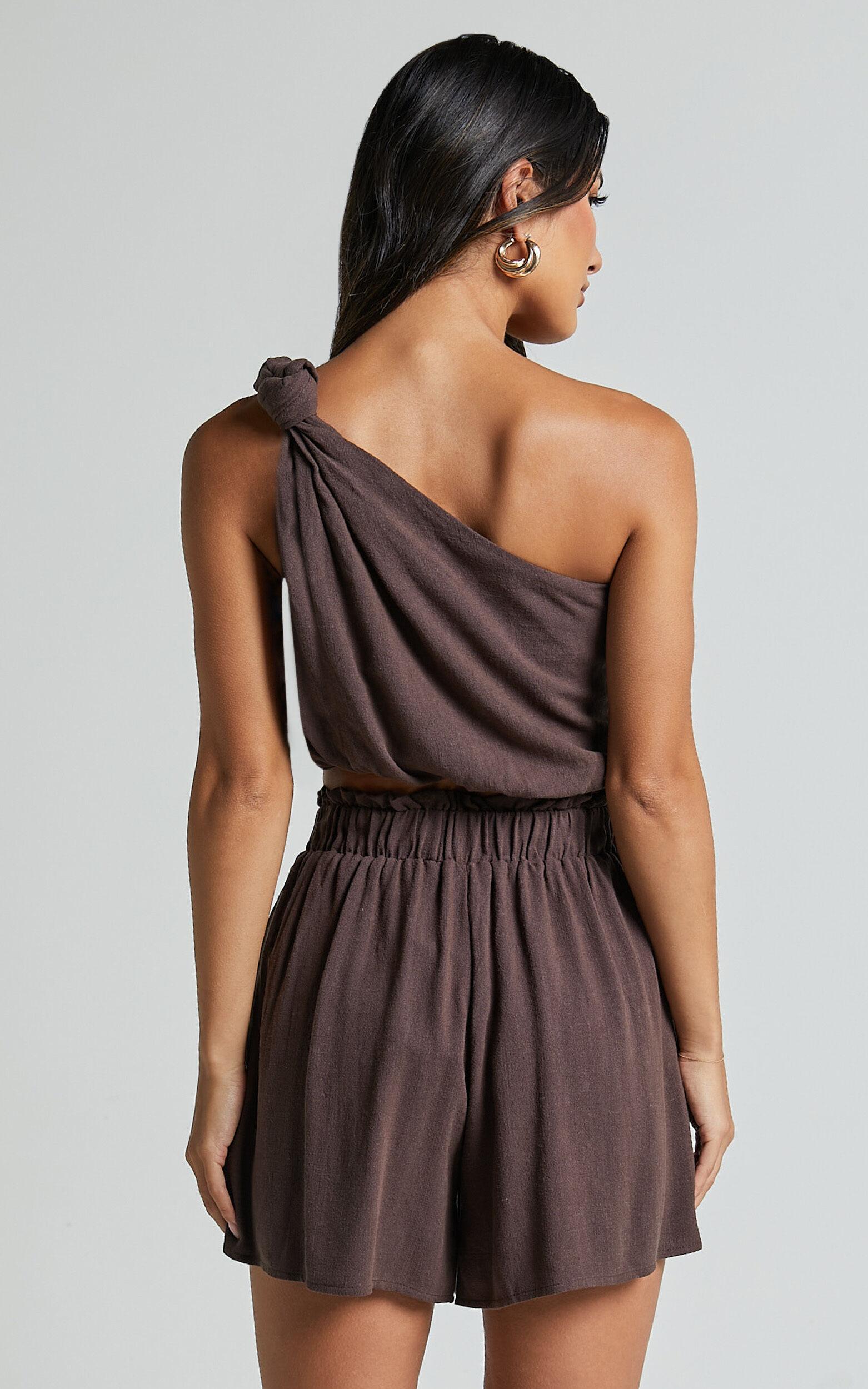 Raylene Two Piece Set - Linen Knotted One Shoulder Top and Paper Bag Waist Shorts in Tobacco Product Image