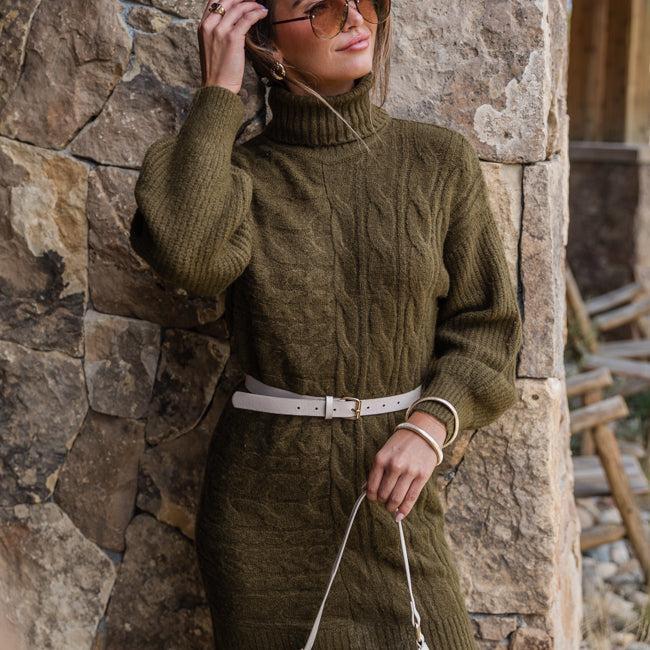 Sweetest Harmony Olive Textured Turtleneck Dress FINAL SALE Product Image