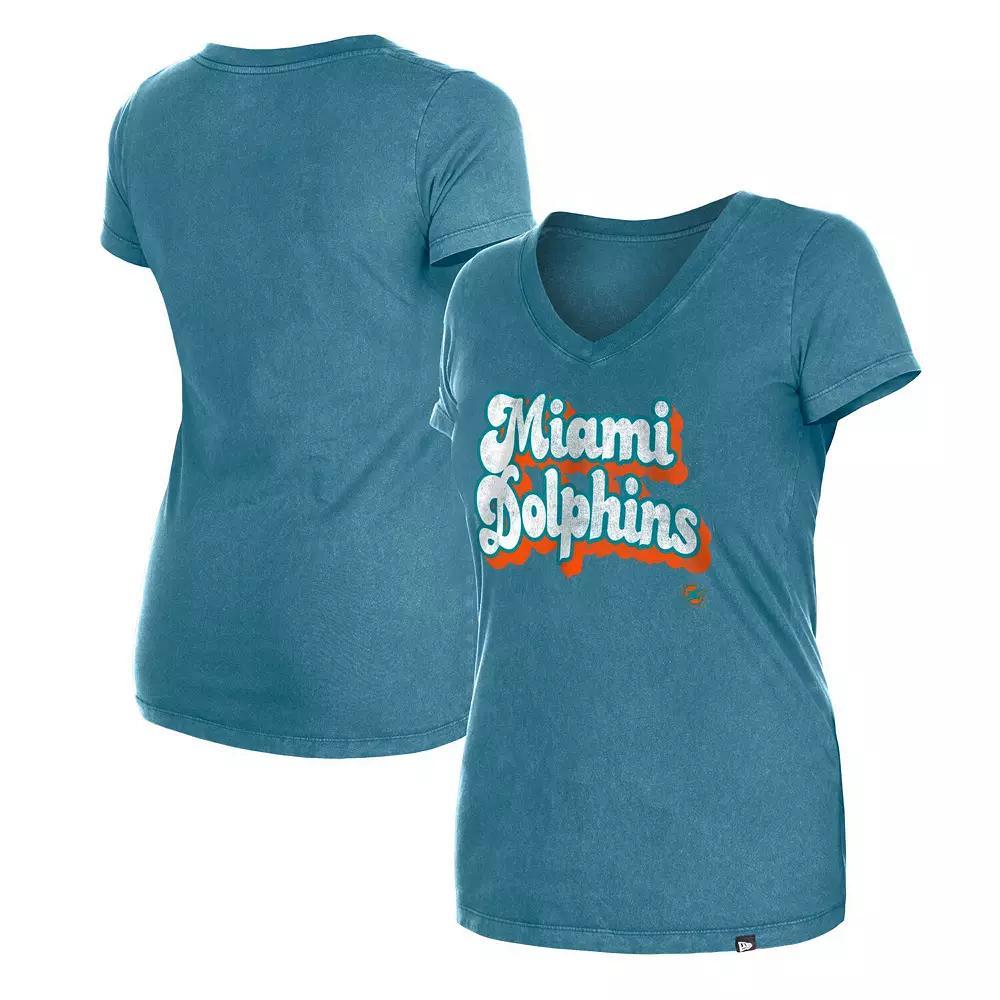 Women's New Era Aqua Miami Dolphins Enzyme Wash Low V-Neck T-Shirt,  Product Image