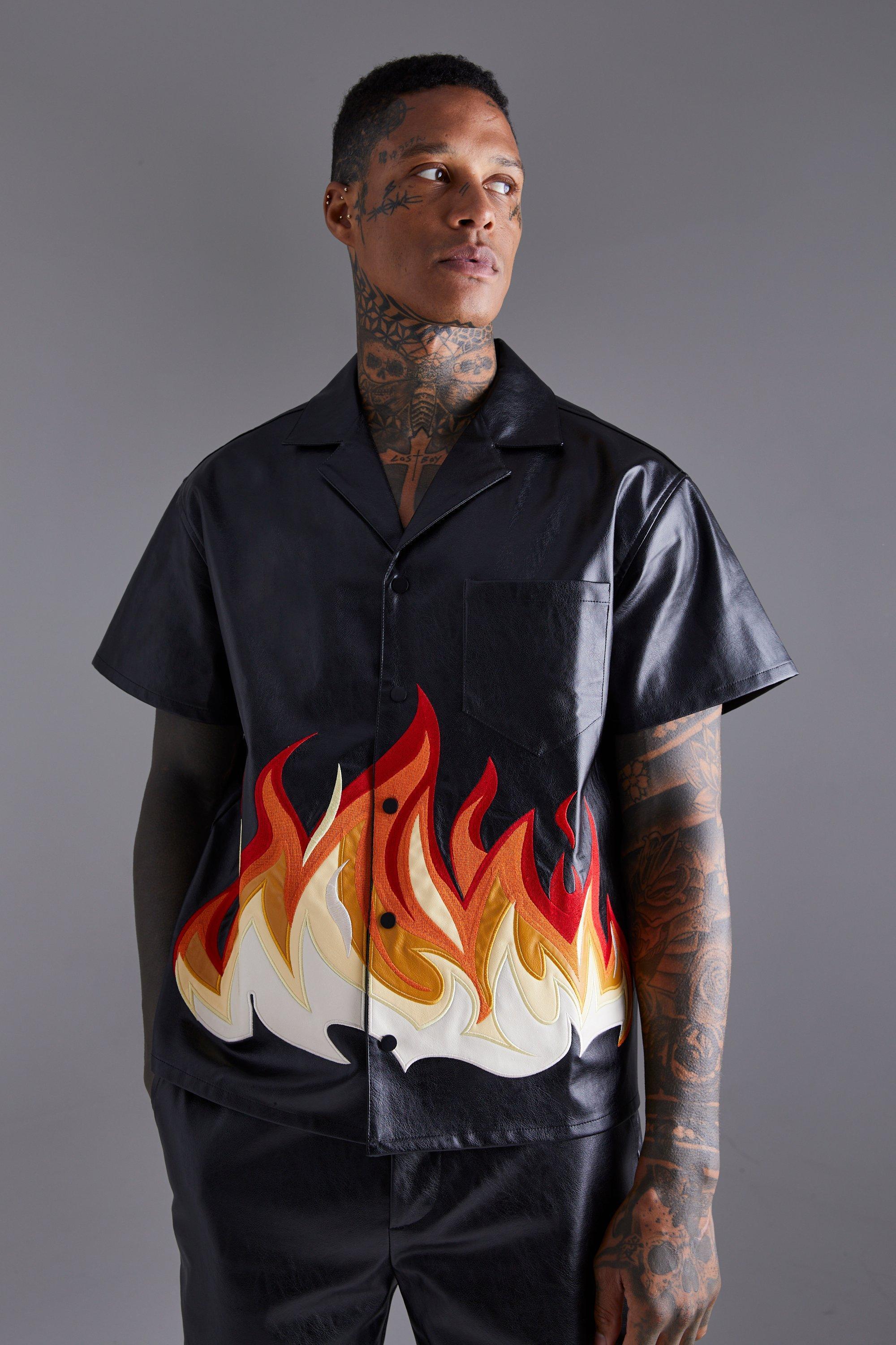 Mens Black PU Short Sleeve Revere Boxy Flame Print Shirt, Black Product Image