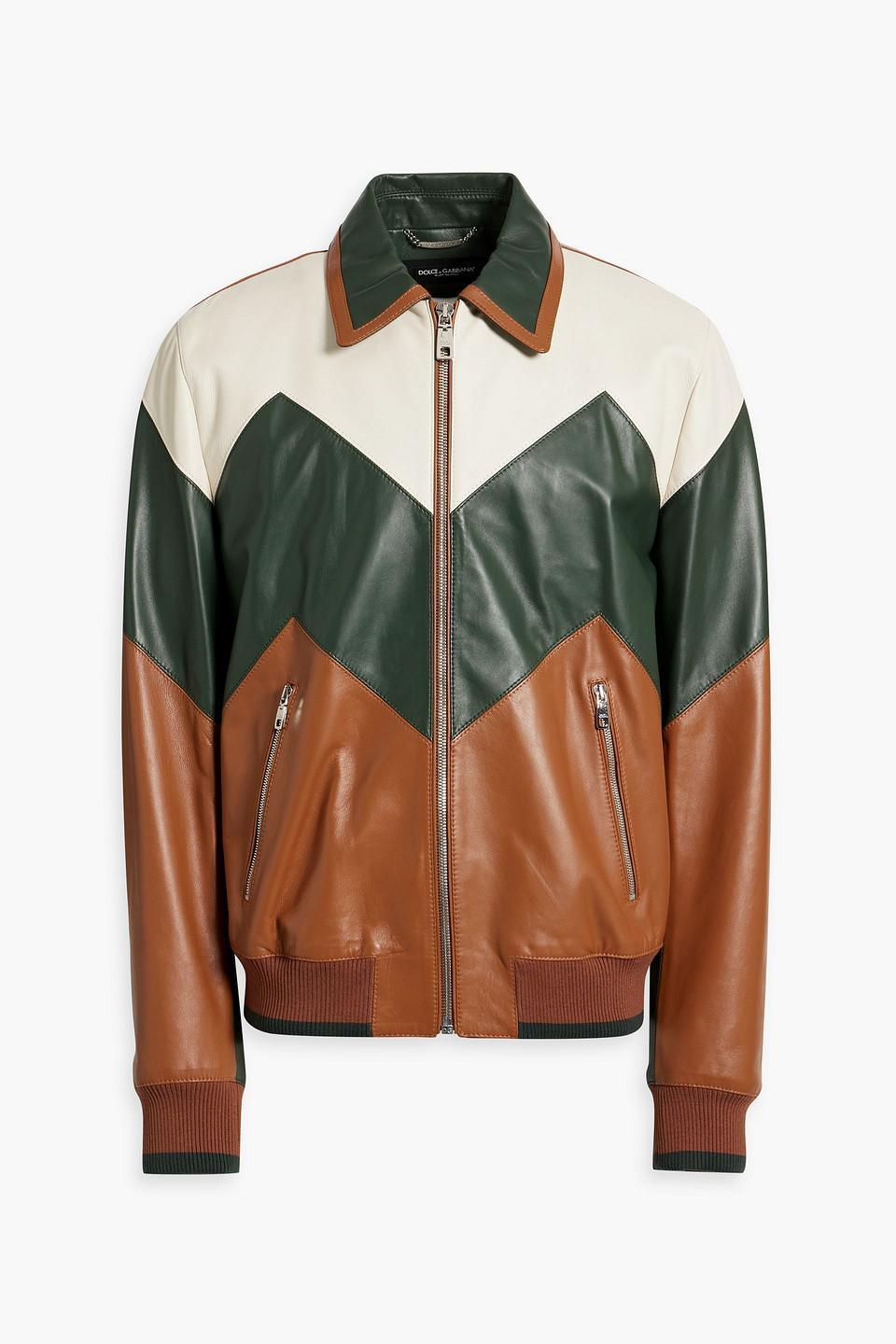 Color-block Leather Bomber Jacket In Tan Product Image