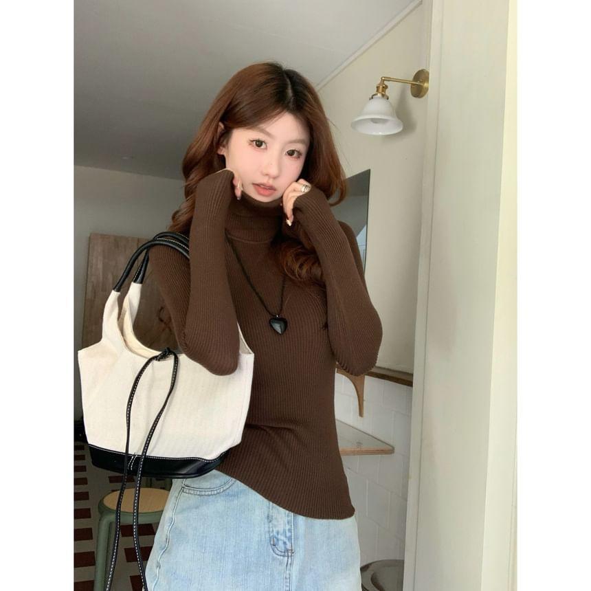 Long-Sleeve Turtleneck Plain Slim Fit Knit Top Product Image