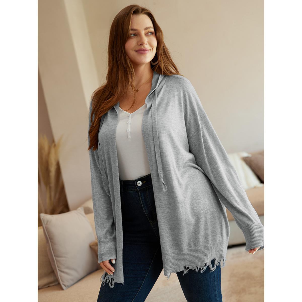 Plus Size Supersoft Essentials Solid Hooded Raw Hem Drawstring Cardigan LightGray Women Casual Loose Long Sleeve Dailywear Cardigans BloomChic 22-24/3X Product Image